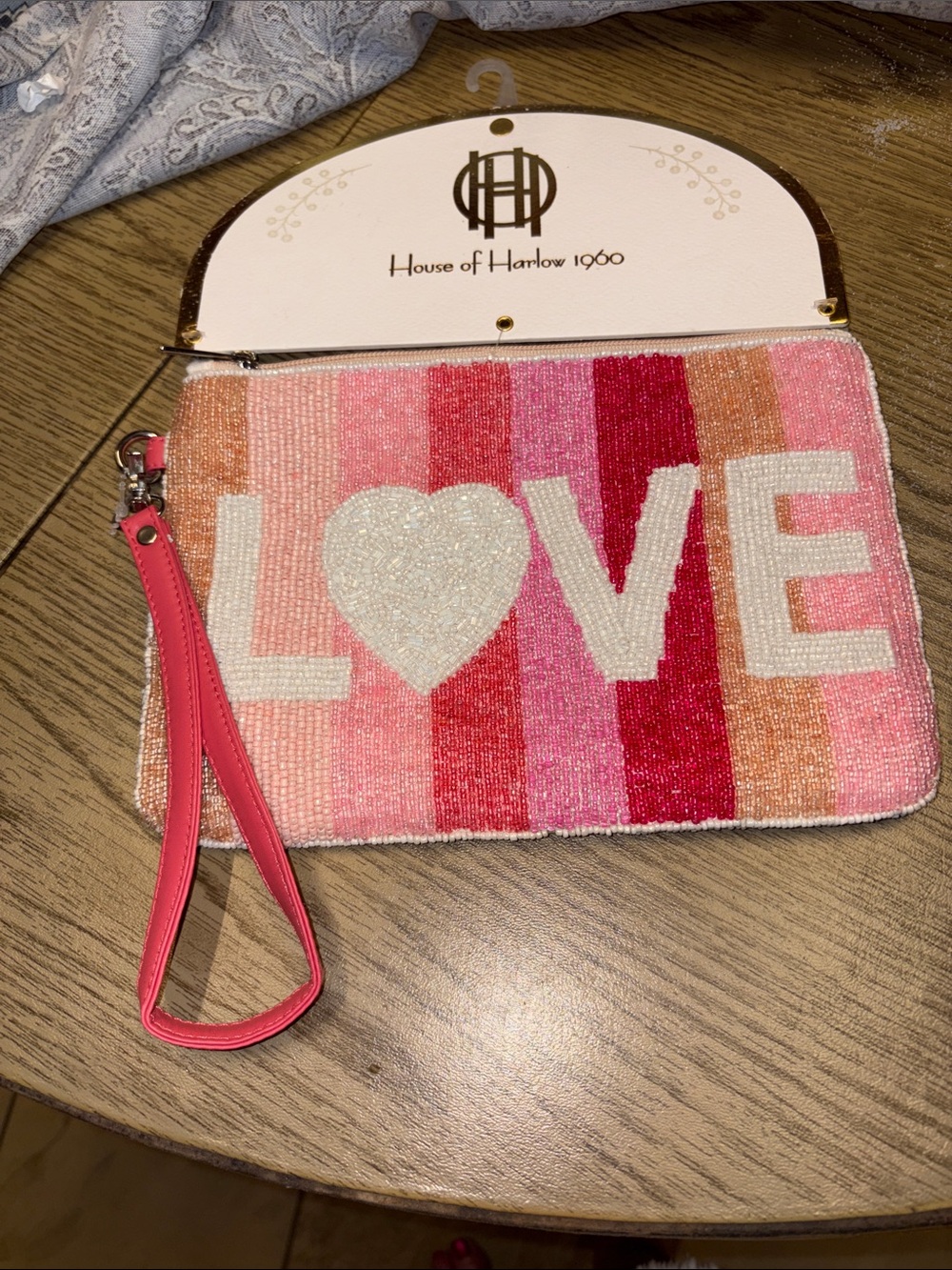 House of Harlow 1960 Beaded Pink Red Orange LOVE Wristlet